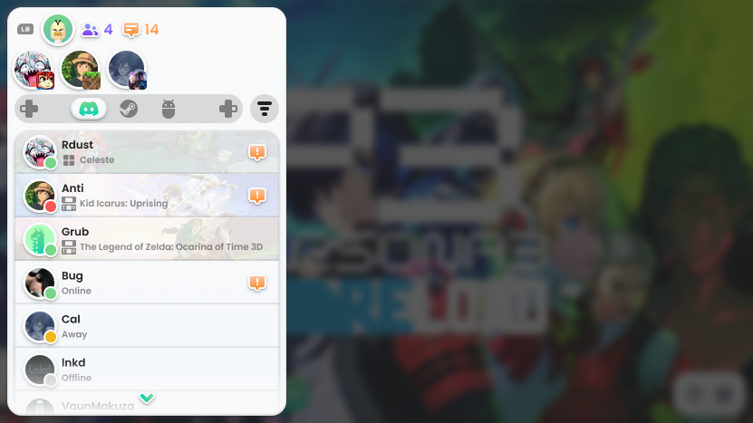 Cocoon social panel showing friends and their game activity