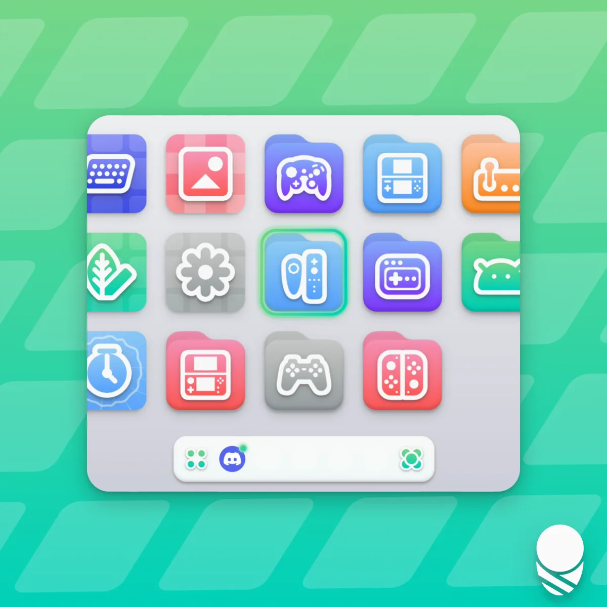 Redrawn system icons and white-outlined folder icons on the home grid