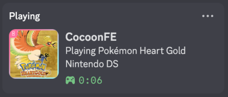 Discord profile showing "Playing Pokemon Heart Gold" with game artwork and elapsed time