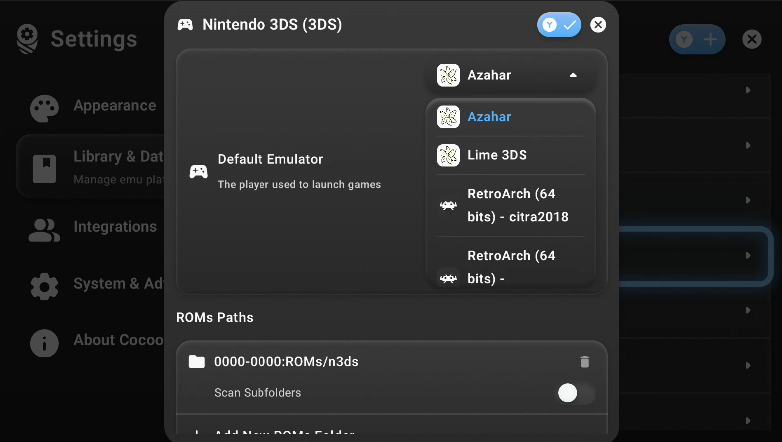 Platform settings screen with the emulator dropdown