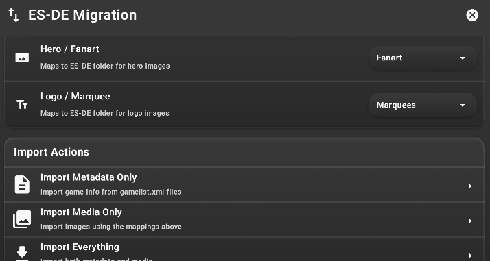 ES-DE import settings with metadata and media toggle options