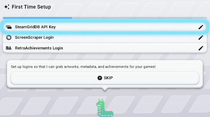 Service login cards for SteamGridDB, ScreenScraper, and RetroAchievements