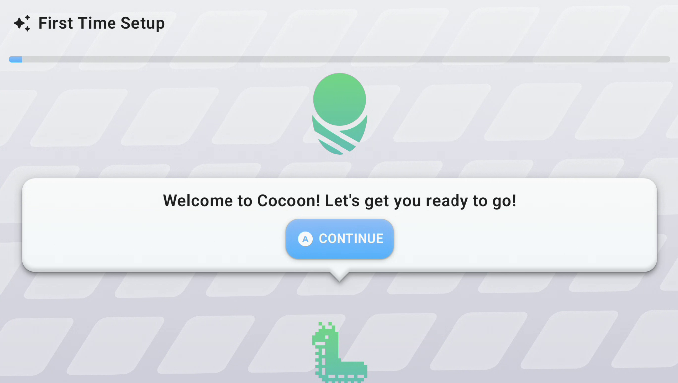 The Cocoon setup wizard with the mascot and speech bubble