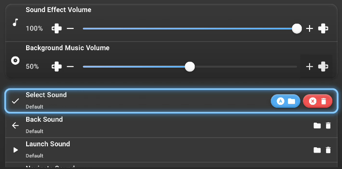Sound settings with volume sliders and toggle switches