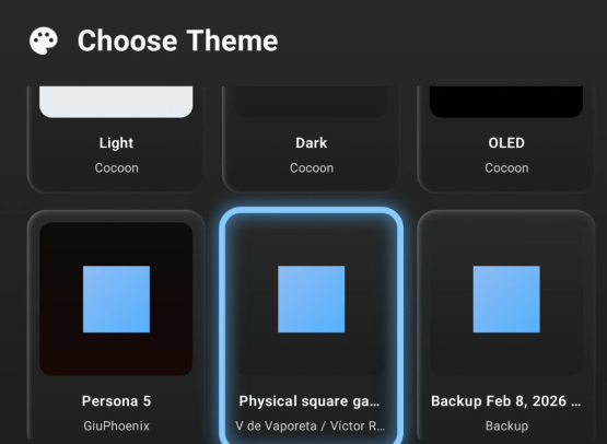 The theme picker in Settings showing installed themes with previews